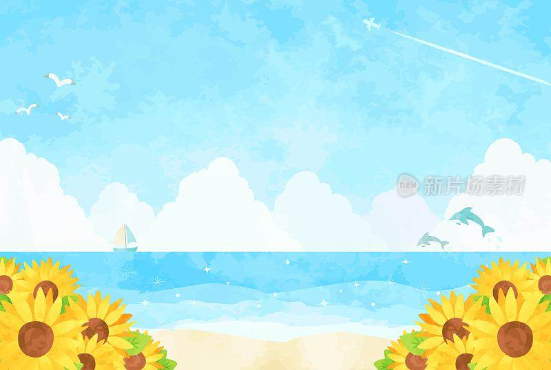 beautiful　watercolor　sea　&　sunflower　background　illustration　74